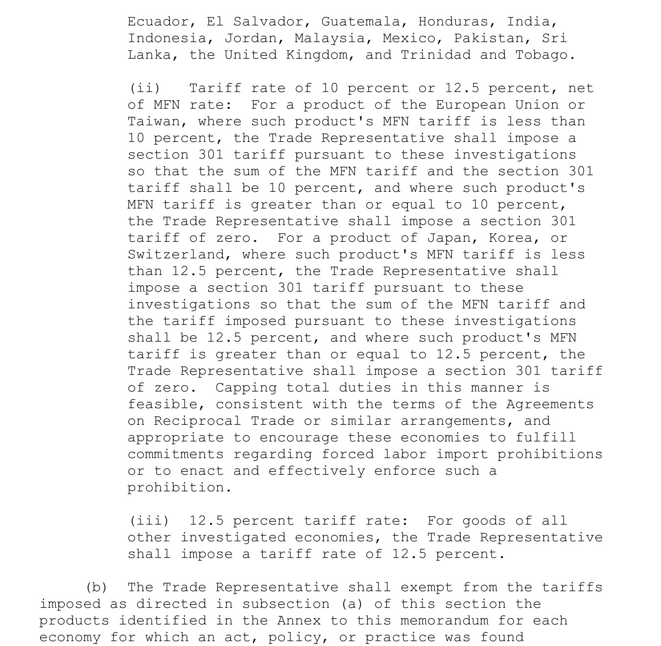 美國 Section 301 稅率計算原文 美方文件指出台灣與歐盟的 MFN 加 Section 301 合計為 10%,日本、韓國與瑞士合計為 12.5%。